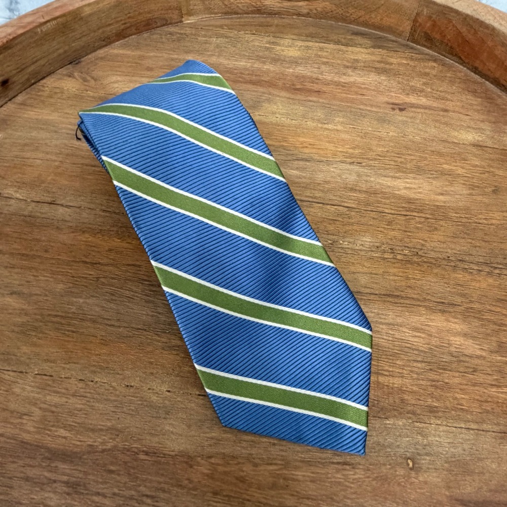 Brooks Brothers Silk Tie OS Blue Green White Striped Stain Resistant Repp USA